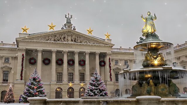 Festive Winter Season in a European Capital City Showcasing a Historic Legislative Building and an Ornate Greek Mythology-Themed Statue and Fountain