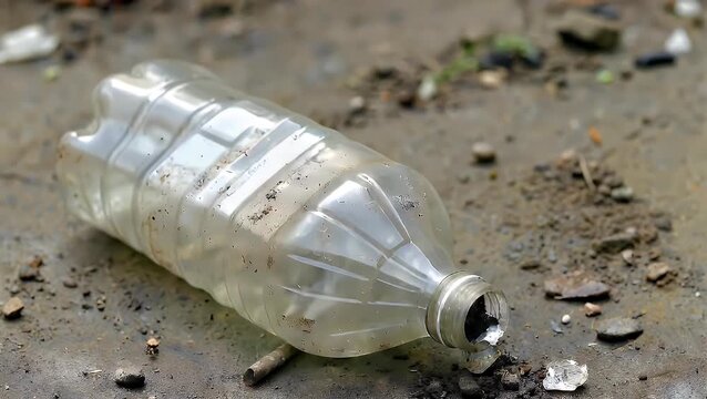 A Detailed Macro Photograph of a Deformed and Discarded Single-Use Water Container on a Soil Surface, Highlighting Environmental Contamination Issues