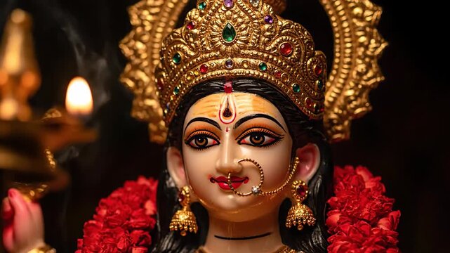 Divine Goddess Durga Idol Face Closeup Golden Crown