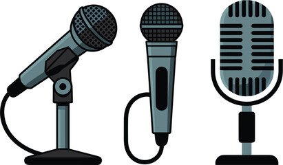 Professional audio equipment vector set featuring studio condenser dynamic handheld and vintage desktop microphones for podcasting and music recording. © Romana