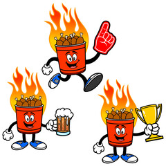 Hot Wing Bucket Set 04, Hand Drawn illustrations of Hot Wing Bucket Mascots in various poses.