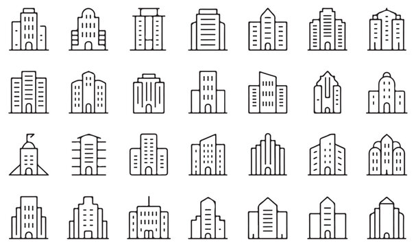 Vector linear icons of building structures including skyscrapers and commercial offices for web application