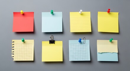 Colorful sticky notes and papers pinned to a gray background colors