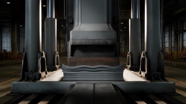 Powerful static shot of an industrial press machine crushing metal, symbolizing strength, and manufacturing force