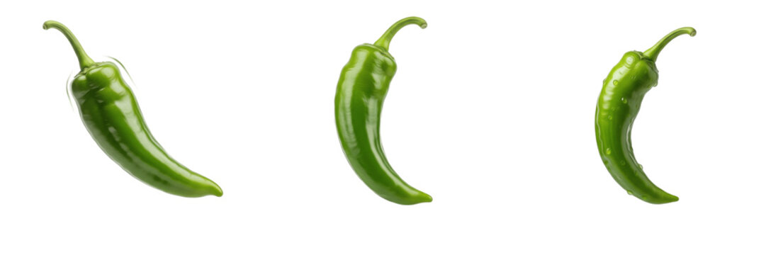 Set of Fresh Green Chili Peppers and Spicy Serrano Peppers Isolated on White Background for Culinary and Healthy Food Design