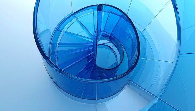 Abstract spiral staircase in translucent blue tones with futuristic design and light interplay.