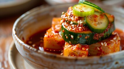 Stack of cubed white radish seasoned with Korean chili paste and garnished with sliced cucumbers on top.