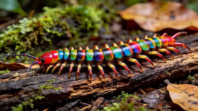 Colorful centipede on log