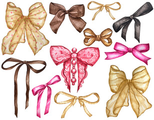 Set of watercolor clipart bows in pink, brown, beige and black. Ideal for clipart collections, sticker sets, digital scrapbooking kits, printable party packs, and gift label creation.