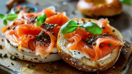 Delicious toasted bagel halves, generously adorned with creamy cheese, premium smoked salmon, and briny capers, make a.