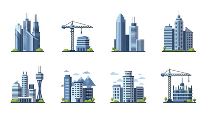 Obraz premium Modern urban cityscape with various buildings and construction crane in flat design
