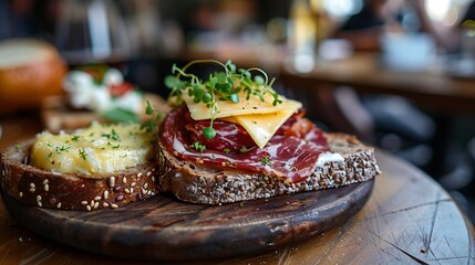 Elegant open-faced sandwiches, featuring savory cured meat, cheese, fresh microgreens, and a creamy spread, are.
