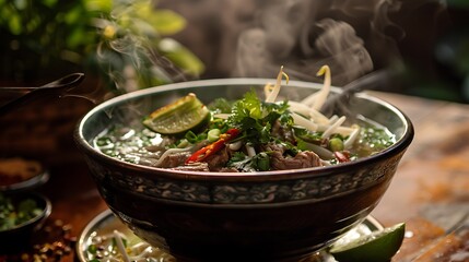 Authentic Vietnamese pho, featuring tender beef, rice noodles, fresh herbs, and a slice of lime, is served steaming hot.