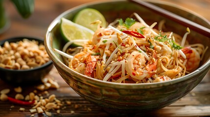 Authentic Pad Thai, filled with savory shrimp, rice noodles, crushed peanuts, and fresh lime, is ready to be enjoyed in.