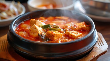 Spicy Korean kimchi jjigae, bubbling with soft tofu and vibrant vegetables, steams invitingly in a traditional dark.