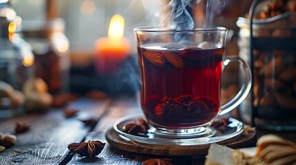 Steaming red herbal tea with star anise and almonds in a clear mug sits on a rustic wooden table, creating a cozy.