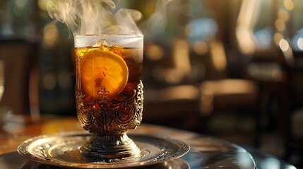 Steaming hot alcoholic beverage with an orange slice in an ornate glass sits on a silver tray, evoking warmth.