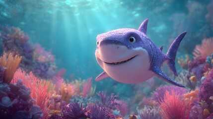 A Mesmerizing Underwater Adventure Featuring a Cute, Playful Shark Among Vibrant Coral Reefs and Sparkling Marine Life