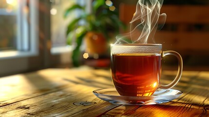 Steaming hot cup of amber tea rests on a rustic wooden table, illuminated by natural light from a window, evoking.