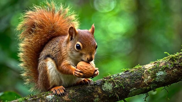 Squirrel holding nut on tree branch