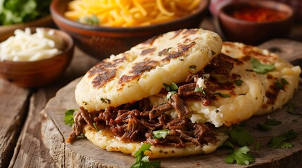 Arepas, a popular Latin American cornmeal dish, are generously filled with savory shredded meat and cheese, presented.