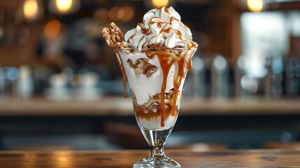 A decadent ice cream sundae, lavishly topped with whipped cream, caramel sauce, and crunchy nuts, stands invitingly on.