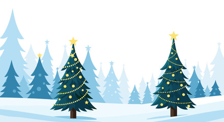 Obraz premium Beautiful winter landscape features decorated Christmas trees standing in a snowy field against a blue forest backdrop.
