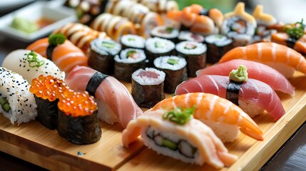Delicious sushi and sashimi platter, featuring a vibrant assortment of fresh seafood, artfully arranged on a rustic.
