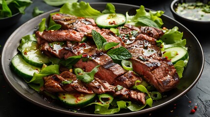 Sliced grilled beef steak salad with fresh green lettuce, crisp cucumber, and aromatic mint leaves on a dark plate.