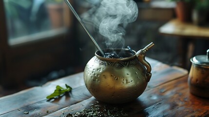 Steaming brass pot, traditionally used for herbal infusions, sits on a rustic wooden table, emitting warmth and a.