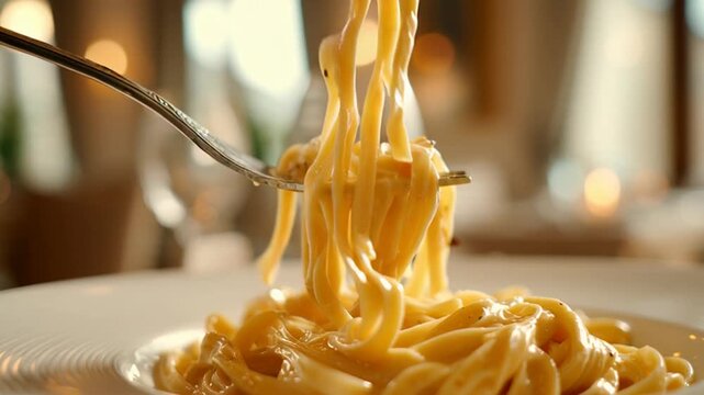 Fork lifting cheesy pasta in a restaurant setting