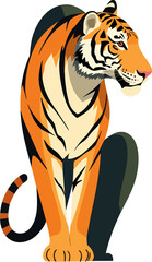 Obraz premium Stylized tiger with bold orange, black, and white geometric patterns, minimalist background. Modern digital illustration with clean lines and vibrant color contrast.