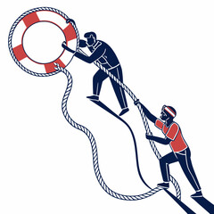Teamwork concept with two people pulling a rope and lifebuoy © shahin10