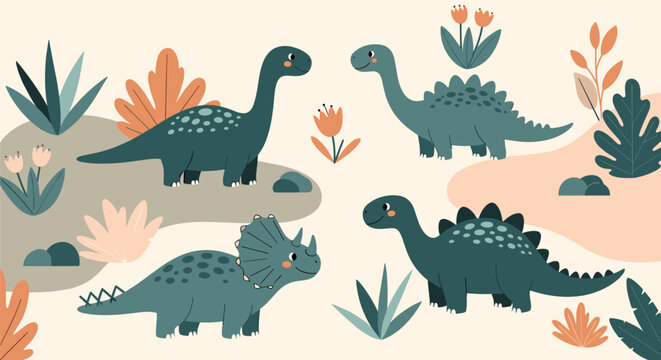 Adorable cartoon dinosaurs like a stegosaurus and triceratops explore a prehistoric land with colorful plants and trees.