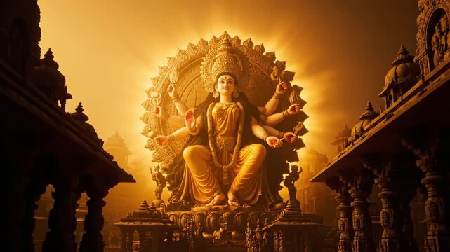 Durga Goddess Statue Divine Golden Light Hindu Temple