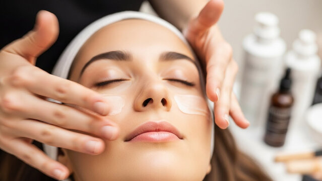 Woman receiving facial massage with closed eyes, enjoying spa treatment and skincare.