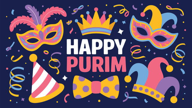 happy purim festive banner with carnival masks party hat confetti and bow tie colorful celebration design