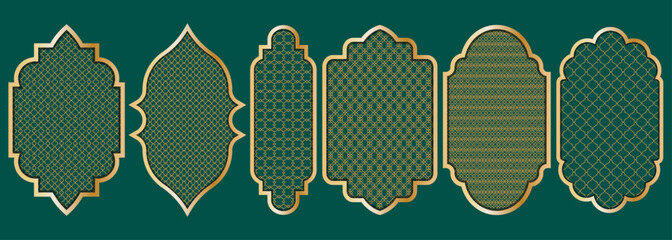 Ornamental Islamic arch frames with geometric lattice patterns for Ramadan and Eid invitation designs.