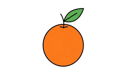 A simple and colorful illustration of an orange fruit with a green leaf on top