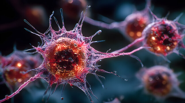 3D render of neural cells and synapse network in dark space, concept for neuroscience, cancer research, and medical technology.
