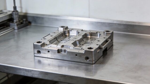 Metal mold on industrial workbench