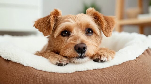 yorkshire te dog lying in a cozy beige round pet bed, looking at the camera, clean home background, soft indoor lighting, detailed fur, calm and friendly expression