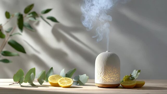 Aromatherapy diffuser emits fragrant steam and mist, surrounded by eucalyptus leaf, lemon citrus slices, and green leaves wood table sunlight, creating calming, relaxing, and refreshing minimalist
