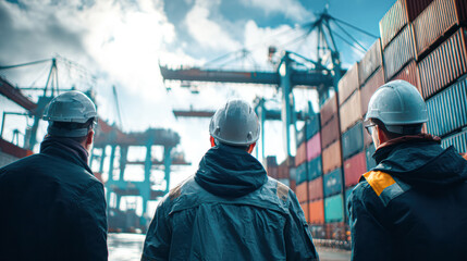 Three workers in safety helmets oversee container cranes and stacked cargo containers at a busy shipping port under a cloudy sky.