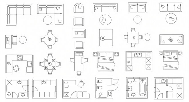 Top View Furniture Floor Plan Icons Set &ndash; Thin Line Interior Design Blueprint Symbols for US Home Layouts and Architectural Drawings