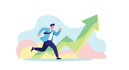 Obraz premium Businessman running up a green financial growth arrow graph, success concept