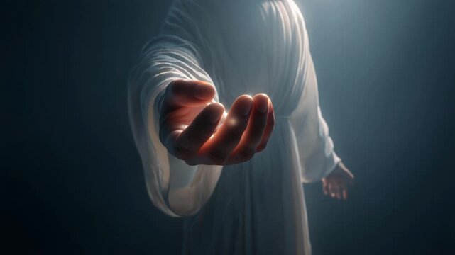 Jesus reaches out with hand toward the light in a spiritual moment