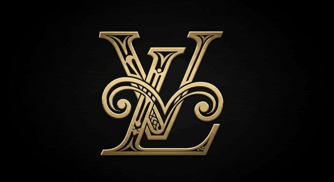 Elegant LV Monogram Logo, Golden Ornate Design on Black Textured Background