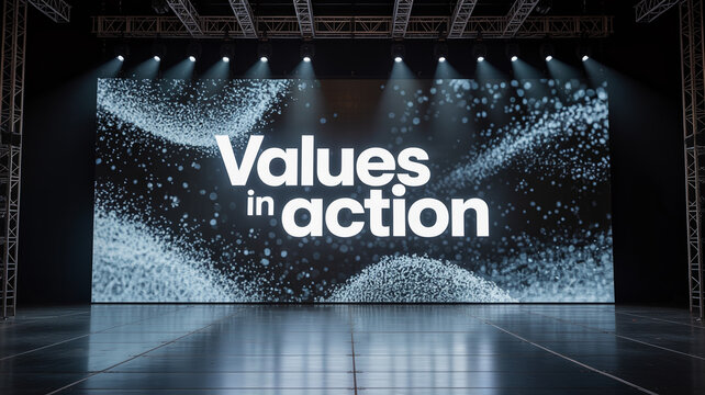 Large indoor stage screen at an event displaying "Values in action" text against a bokeh particle background.