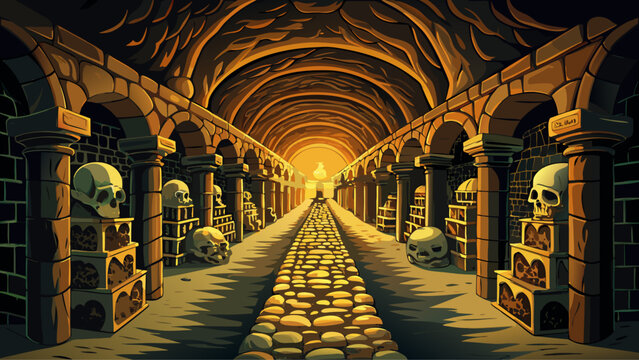 Very beautiful underground corridor of the Catacombs of Paris, lined with historic stone walls and carefully arranged skeletal remains in dim candlelight.